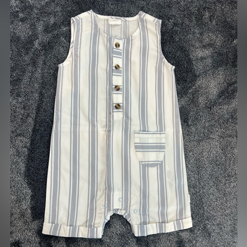 Petit Lem White and Gray Striped Kids Romper